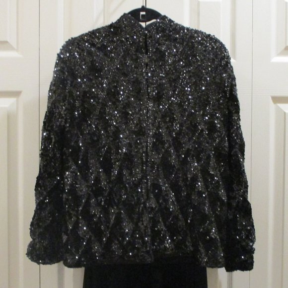 Vintage Black Covered Cocktail Jacket sz L Mandarin Collar - Picture 1 of 10